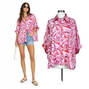 Entro | Abstract Zebra Pink Orange Stripe Oversized Short Sleeve Button Blouse